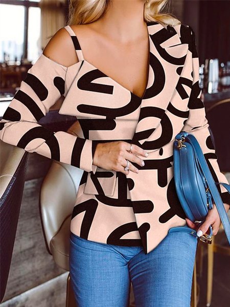 

Lapel Collar Regular Fit Text Letters Elegant Blazer, Khaki, Blazers