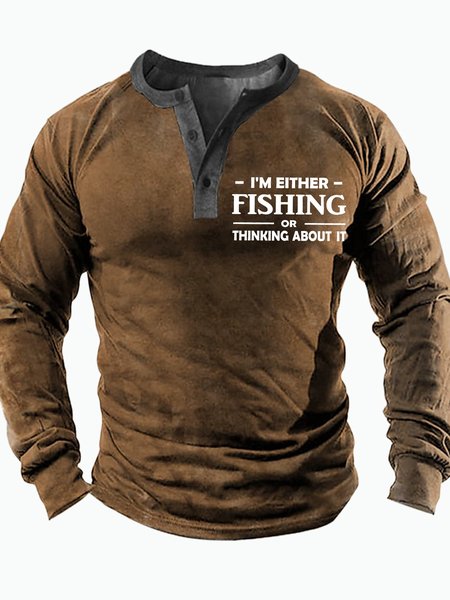 

Men's I Am Either Fishing Or Thinking About It Funny Graphic Printing Half Turtleneck Regular Fit Text Letters Casual Top, Khaki, Long Sleeves