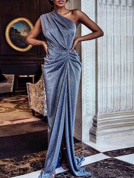 

Regular Fit Elegant Metallic Yarn Dress & Party Dress, Blue, Maxi Dresses