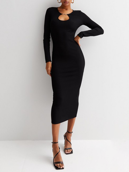 

Long sleeve Plain Elegant Dress, Black, Midi Dresses