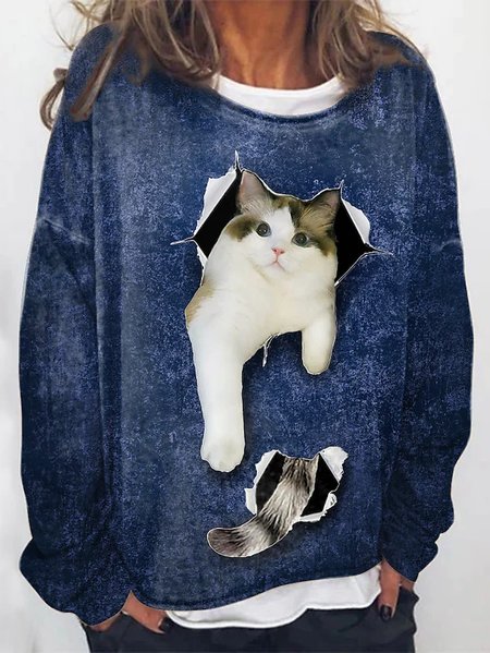 

Cat Crew Neck Loose Casual Sweatshirt, Blue, Sweatshirts & Hoodies
