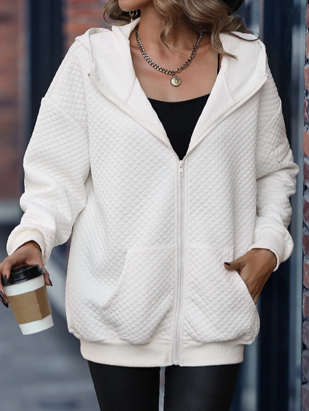 Hoodie Cotton-Blend Casual Loose Jacket, White, Outerwear