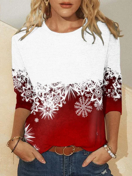 

Women's Snowflake Gradient Print Round Neck Long Sleeve T-shirt, As picture, Long sleeves