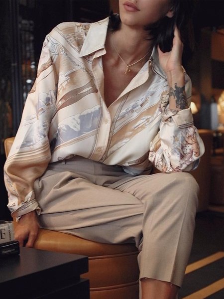 

Shirt Collar Loose Abstract Elegant Blouse, As picture, Blouses and Shirts