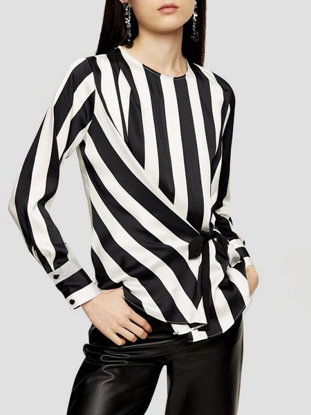 

Crew Neck Regular Fit Striped Elegant Blouse, Black, Blouses and Shirts