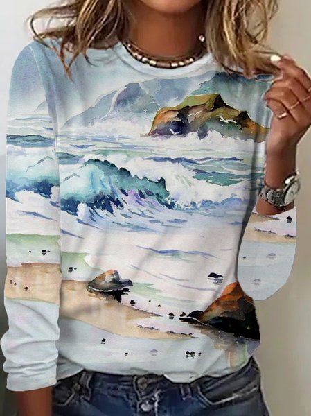 

Crew Neck Casual Scenery T-Shirt, Multicolor, T-Shirts