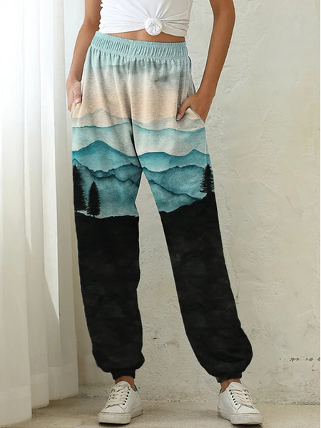 

Landscape Print Casual Casual Pants, Multicolor, Pants