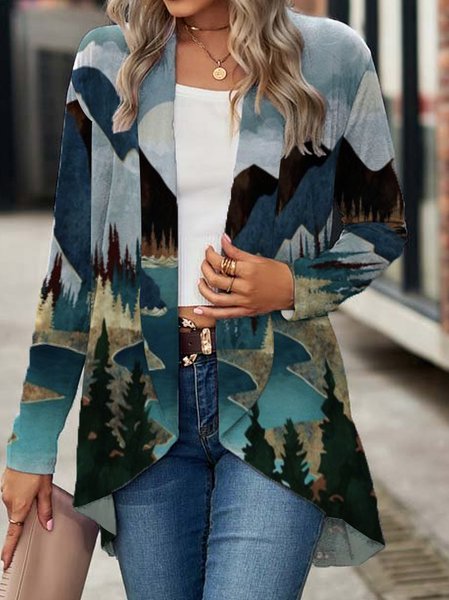 

Landscape Print Shawl Collar Casual Other Coat, Multicolor, Cardigans
