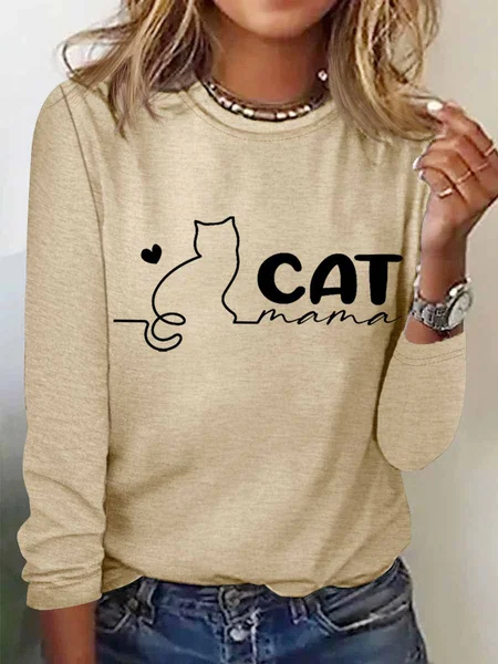

Women's Cat mama Regular Fit Heart Simple Cotton-Blend Long Sleeve Top, Khaki, Long sleeves