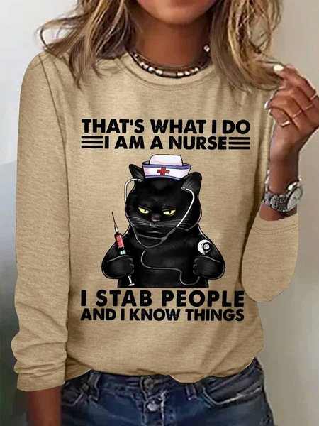 

Women‘s Funny Word That's What I Do I Am A Nurse Black Cat Crew Neck Cotton-Blend Long Sleeve Top, Khaki, Long sleeves