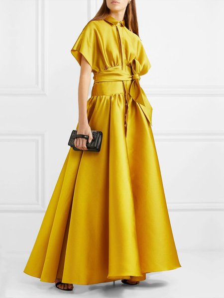

Elegant Satin Half Sleeve Formal Party Dress, Yellow, Maxi Dresses