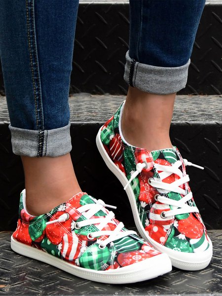 

Christmas Santa Cartoon Plus Size Lace-Up Casual Shoes, Green, Women Shoes