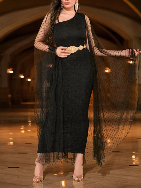 

Contrast Mesh Panel Batwing Sleeve Dress Without Belt, Black, Maxi Dresses