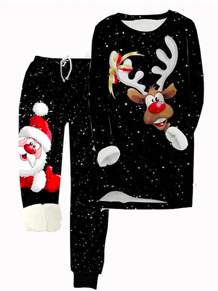 

Casual Christmas Crew Neck Loose Two-Piece Set, Black, Suit Set