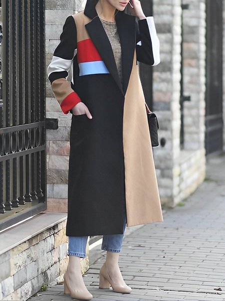 

Lapel Collar Urban Geometric Long Sleeve Overcoat, Black, Coats