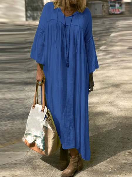 

Regular Fit Plain Vacation V Neck Dress, Blue, Dresses