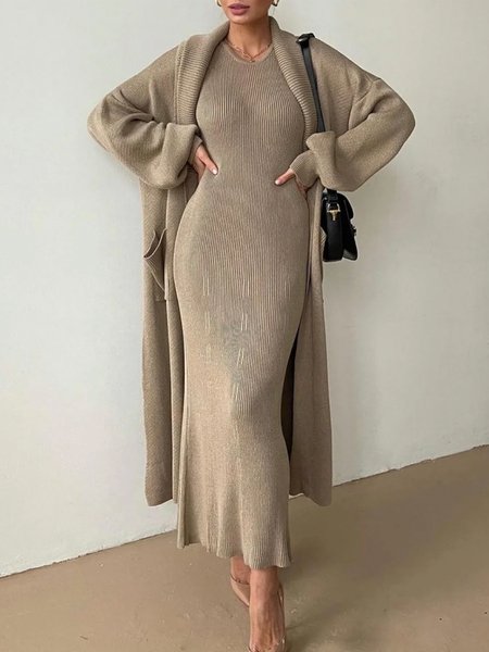 

Shawl Collar Long sleeve Elegant Sweater Coat, Khaki, Cardigans