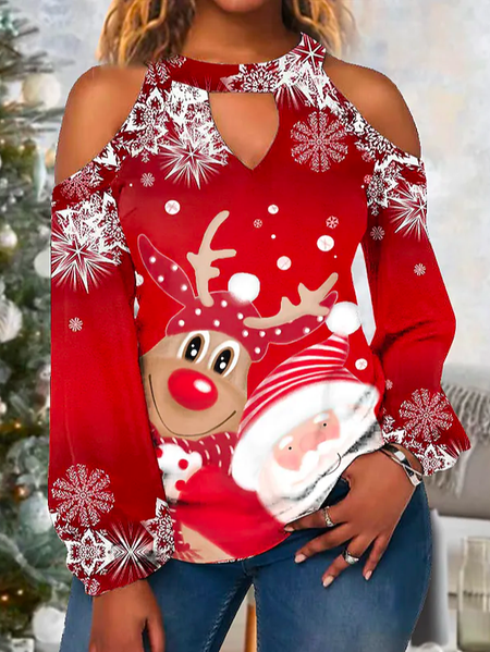 

Loose Christmas Crew Neck Casual Top, Red, Tops
