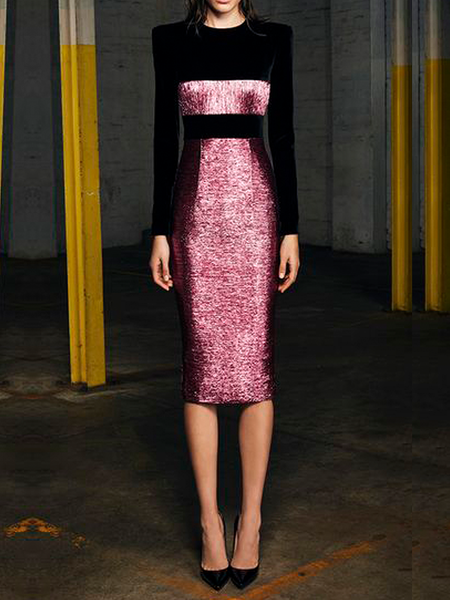 

Elegant Crew Neck Long sleeve Color Block Midi Party Dress, Black-pink, Midi Dresses