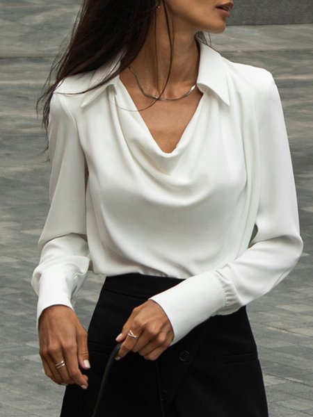 

Shirt Collar Loose Elegant Plain Blouse, White, Blouses and Shirts