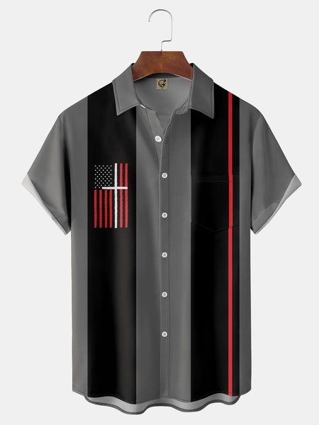 

American Flag Crucifix Chest Pocket Short Sleeve Shirt, Gray, Short Sleeve Shirts