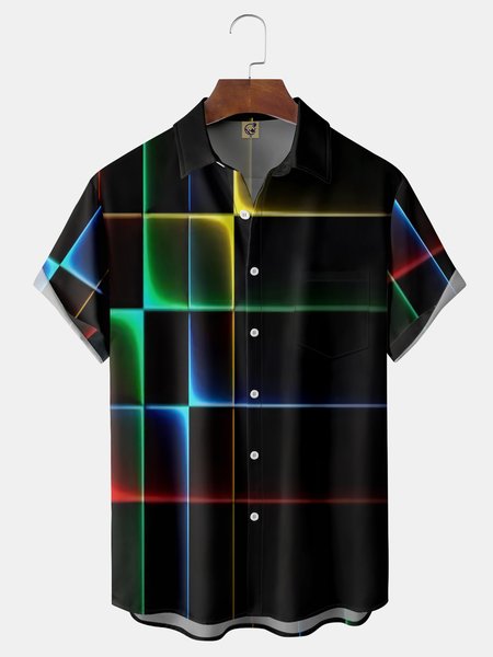 

Gradient Abstract Geometric Chest Pocket Short Sleeve Casual Shirt, Black, Short Sleeve Shirts