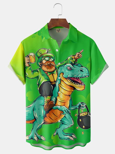 

St. Patrick's Day Dinosaur Chest Pocket Short Sleeve Shirt, Green, Short Sleeve Shirts