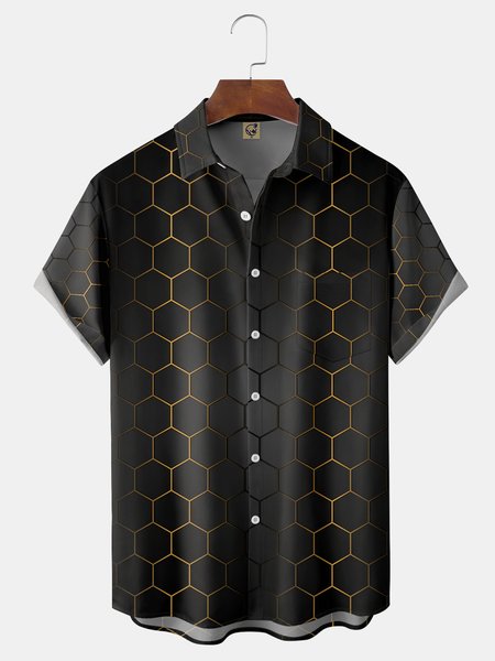 

Geometric Chest Pocket Short Sleeve Casual Shirt, Black, Short Sleeve Shirts