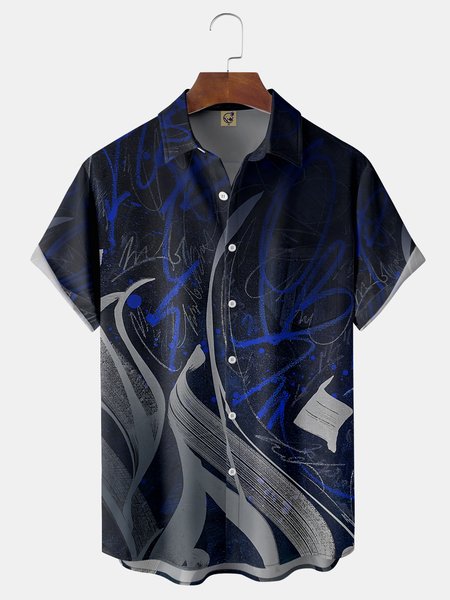 

Alphabet Graffiti Chest Pocket Short Sleeve Casual Shirt, Black, Men Shirts