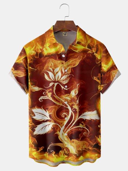 

Flame Chest Pocket Short Sleeve Casual Shirt, Yellow, Men Shirts