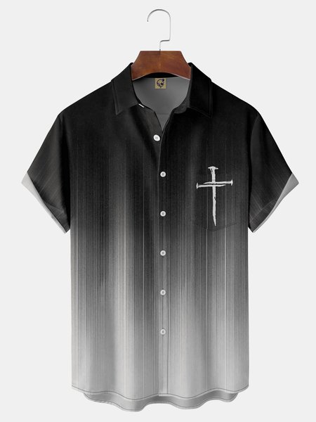 

Shading Crucifix Chest Pocket Short Sleeve Shirt, Black, Short Sleeve Shirts