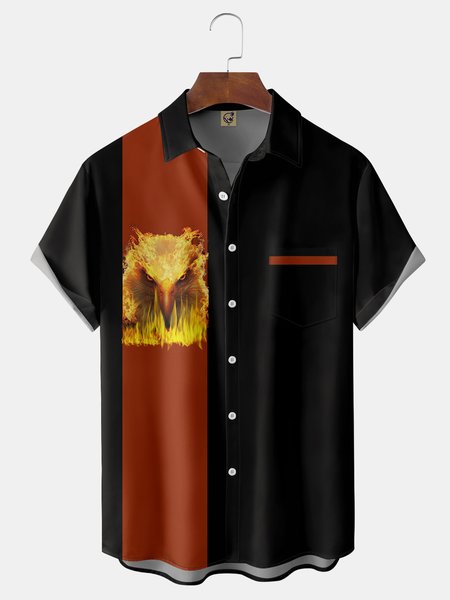 

Flame Chest Pocket Short Sleeve Bowling Shirt, Black, Men Shirts