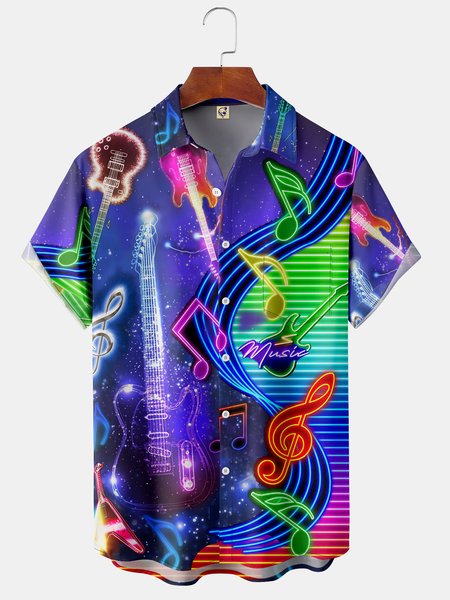 

Music Guitar Chest Pocket Short Sleeve Shirt, Blue, Short Sleeve Shirts