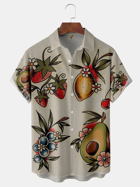 

Fruit Chest Pocket Short Sleeve Hawaiian Shirt, Khaki, Short Sleeve Shirts