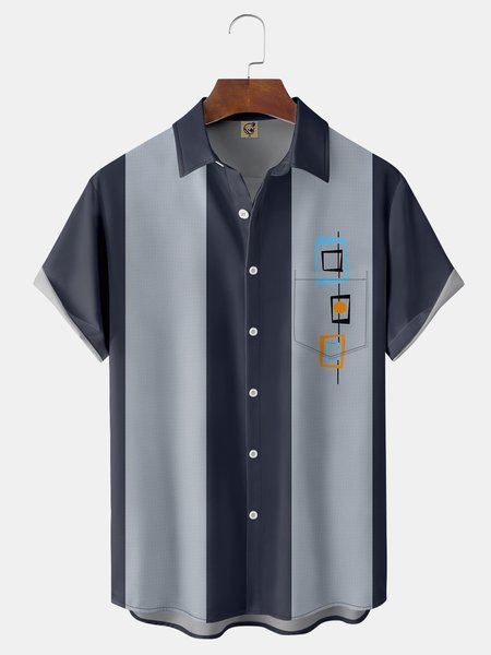 

Mid Century Geometric Chest Pocket Short Sleeve Bowling Shirt, Deep blue, Men Shirts