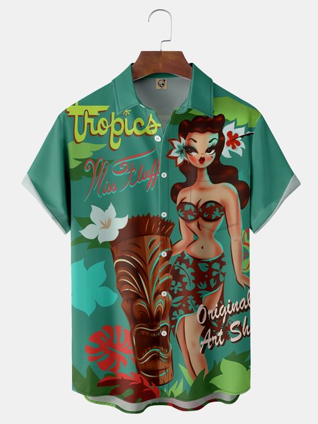 

Tiki Hola Girl Chest Pocket Short Sleeve Hawaiian Shirt, Green, Short Sleeve Shirts