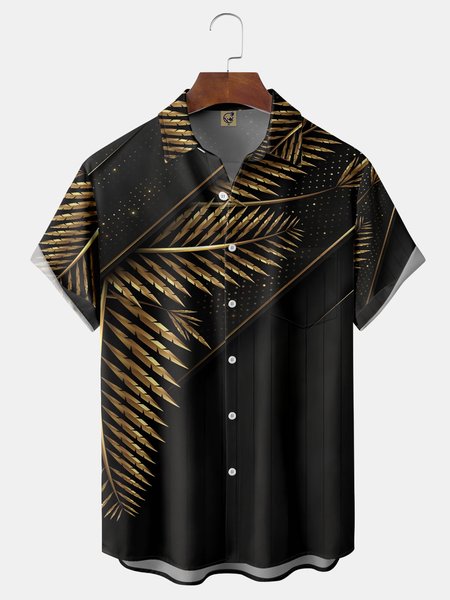 

Palm Leaves Chest Pocket Short Sleeve Hawaiian Shirt, Black, Short Sleeve Shirts