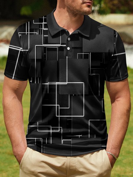 

Geometric Color Block Button Short Sleeve Polo Shirt, Black, Men's t-shirts