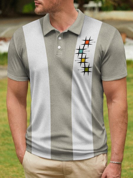 

Mid Century Geometric Button Short Sleeve Polo Shirt, Khaki, Men's t-shirts