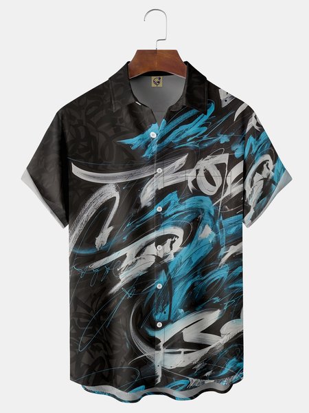 

Alphabet Graffiti Chest Pocket Short Sleeve Casual Shirt, Black, Men Shirts