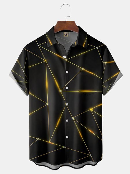 

Geometric Chest Pocket Short Sleeve Casual Shirt, Black, Short Sleeve Shirts