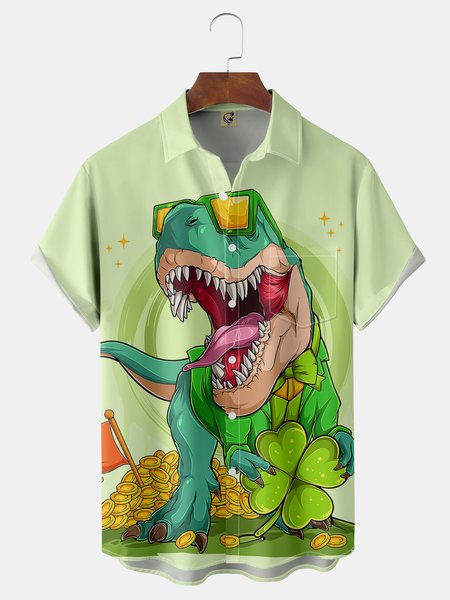 

St. Patrick's Day Dinosaur Chest Pocket Short Sleeve Shirt, Green, Short Sleeve Shirts