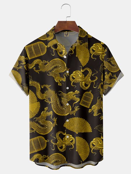 

Ukiyo-e Dragon Chest Pocket Short Sleeve Shirt, Black, Short Sleeve Shirts