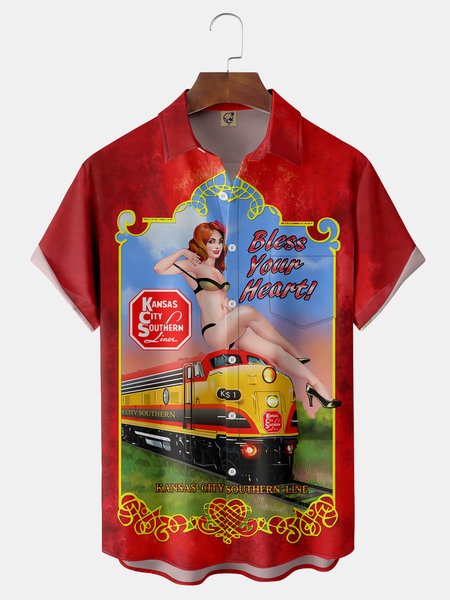 

Train Beauty Chest Pocket Short Sleeve Casual Shirt, Red, Short Sleeve Shirts