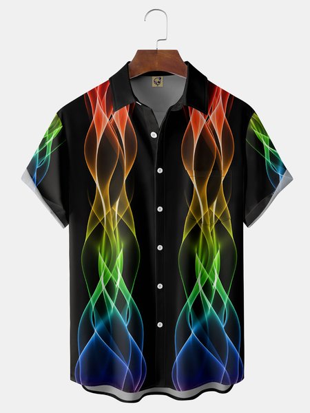 

Flame Chest Pocket Short Sleeve Bowling Shirt, Black, Men Shirts