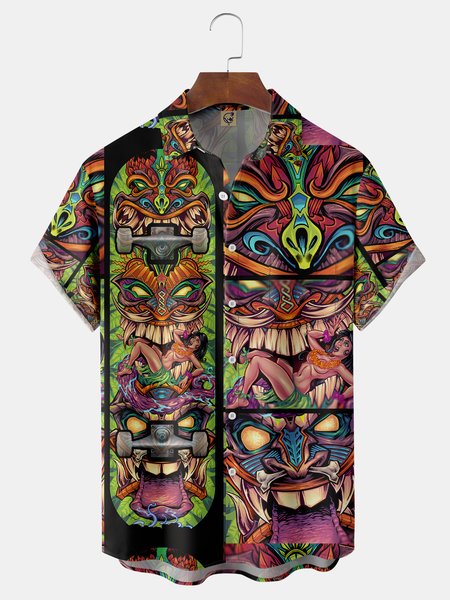 

Tiki Skateboard Chest Pocket Short Sleeve Hawaiian Shirt, Black, Short Sleeve Shirts