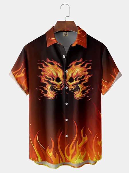 

Flame Chest Pocket Short Sleeve Casual Shirt, Black, Men Shirts
