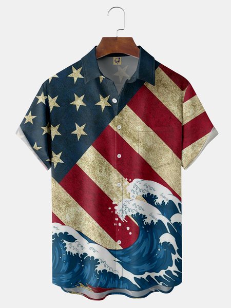 American Flag Ukiyo-e Chest Pocket Short Sleeve Shirt, Blue, Short Sleeve Shirts