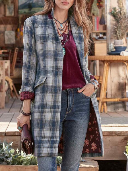 

Floral Woolen Casual Shawl Collar Overcoat, Dark blue, Coats