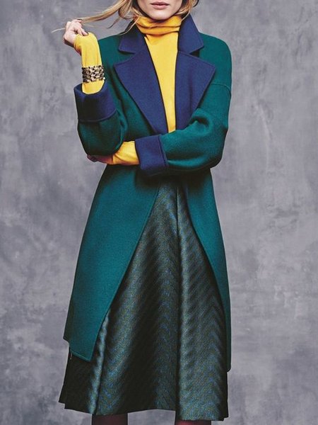 

Loose Color Block Elegant Lapel Collar Overcoat, Green, Coats
